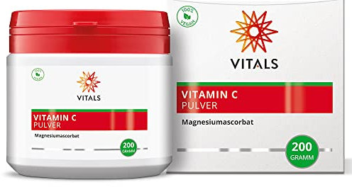 Vitals - Vitamin C Pulver Gepuffert, 200 gramm (Magnesiumascorbat). 100% Vegan. Ohne Hilfsstoffe mit 1800 mg Vitamin C und 130 mg Magnesium pro Messlöffel.