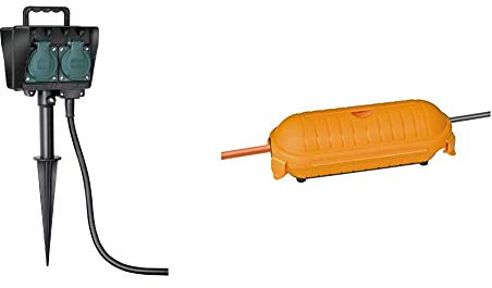 Brennenstuhl Gartensteckdose, Außensteckdose 4-fach mit Erdspieß, witterungsbeständiger Kunststoff + Brennenstuhl Safe-Box BIG IP44 / Schutzbox für Verlängerungskabel