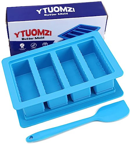 Silicone Butter Mold With Lid, Tray Container and Spatula - Non-Stick for Making 4 Stick Forms, Herbal, Homemade, Garlic Butter - Easy Release (Blue)