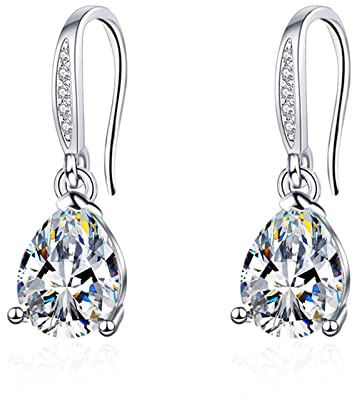 Teardorp Earrings Sterling Silver, Silver Drop Earrings for Women, Wedding Bride Dangling Dangly Earring Diamond Earring for Women