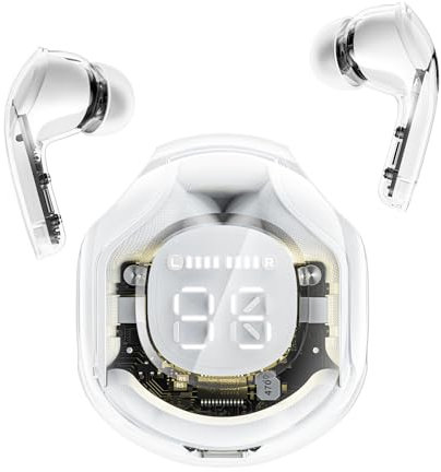 ACEFAST T8 Ecouteurs Bluetooth sans Fil, Oreillette Intra-Auriculaire avec ENC Réduction de Bruit e HiFi Stéréo, Casque Transparente avec Écran LED,Contrôle Tactile Etanche Sport Écouteur,Lune Blanche