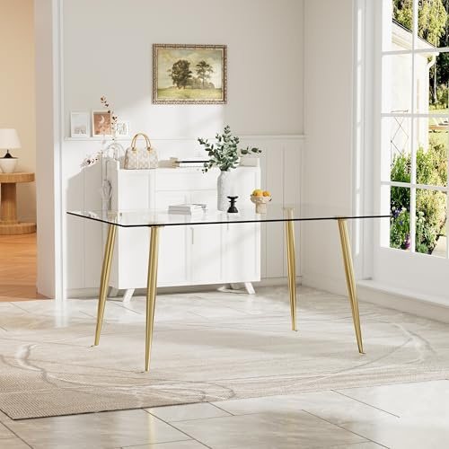 Glass Dining Table for 4 with 51 inch Clear Tempered Glass Top, 0.31 Modern Rectangular Glass Kitchen Table Furniture with 4 Golden Plating Metal Legs for Home Kitchen Room