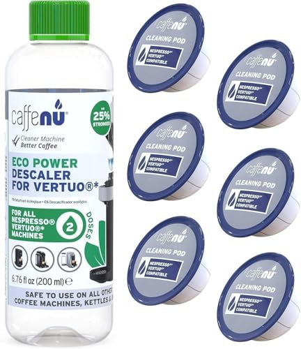 Kit decalcificante e capsule di pulizia compatibili con Nespresso Vertuo. Soluzione anticalcare da 200 ml e 6 capsule di pulizia. Fornisce un caffè più caldo e migliore da gustare. Fornitura 4 mesi.