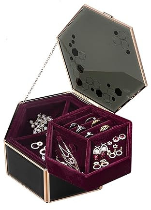 AIMIAO Schmuckschatulle aus Glas, Schmuckbox Damen mit Doppellagige Samtbox, Schmuck Aufbewahrungsbox, Schmuckkästchen, Sechseckiger Ringkasten, Schmuckkoffer Damen, Schwarz