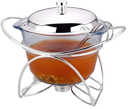 Rigeli Regent Contempo - Scaldavivande rotondo cromato da 4 litri, con coperchio in acciaio inox, con mestolo e cucchiaio, in acciaio inox, con piatto in vetro, scaldavivande con mestolo