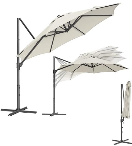 SONGMICS Ombrellone da Giardino 300 cm, UPF 50+, Girevole a 360°, Inclinazione Continua, Manovella per Apertura e Chiusura, con Base a Croce, Bianco Crema GPU074Y10