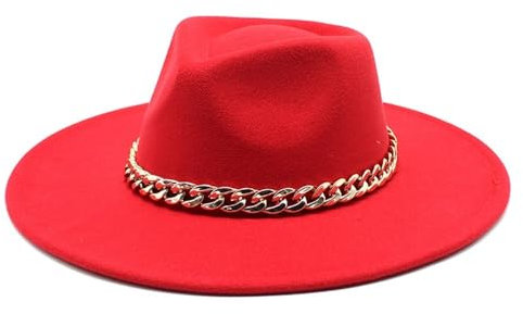 Fengyan Hut mit breiter Krempe, Jazzhut, britischer Stil, Wolle, Fedoras, Metallkette, klassischer Stil, Hut für Herren und Damen, Panama-Filzhut, rot, 6 7/8-7 1/8