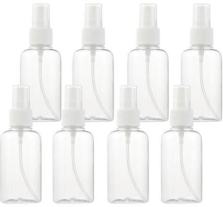 SINIDE Plastic Spray Bottles 75 ML - 8 Pack 2.5 oz Fine Mist Clear Travel Bottle Set, Empty Reusable Portable Refillable Makeup Sprayer Containers for Perfume, Liquids, Aromatherapy, Cleaning Solution