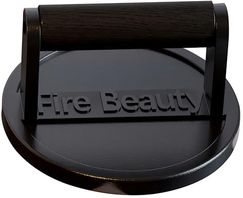 Fire Beauty Burger Press,Cast Iron 6.5 Enamel Surface Grill Press with Wood Handle,Food-Grade Smash Burger Press for Seared Bacon,Steak&Burger