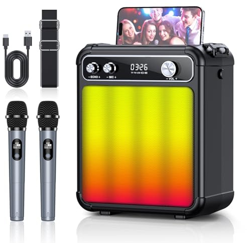 Karaoke Machine,Karaoke Machine for Adults,Bluetooth Speaker with 2 Wireless Karaoke Microphones for Adults & Kids with LED Lights,Karaoke Microphone with PA System Supports TF Card/USB/FM/AUX/TWS