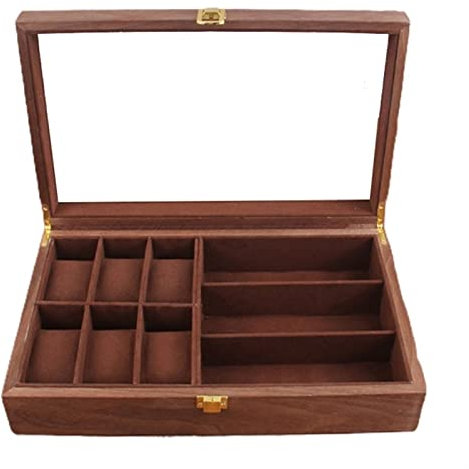 CWLPSL Uhren- und Brillenbox aus Holz mit 6 + 3 Fächern, Sonnenbrillen-Vitrine, Schmuck-Organizer mit Glasplatte