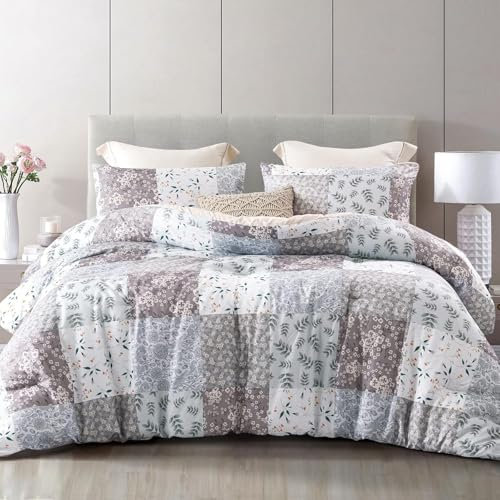 Bettdecke 200x220 Ohne Bezug Nutzbar, Blumenblatt Patchwork Bettdecken Waschbar Ganzjahresdecke Retro Stil 4 Jahreszeiten Steppdecke, Bettzeug Microfaser mit 2 Kissenbezug für Sommer Winter Doppelbett