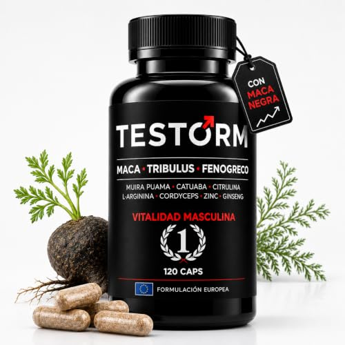 TESTORM Testosterona Hombre Vitalidad y Energía Masculina Maca Negra 20:1 Tribulus Terrestris Zinc L Arginina Ginseng Fenogreco Citrulina Muira Puama 120 Cápsulas Fuerza y Rendimiento