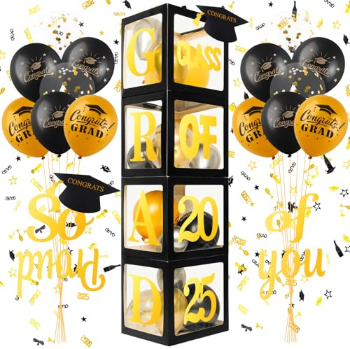 VINTS 2025 Graduation Party Decorations, Graduation Balloon Boxes with Gold Letters Class of 2025 Grad & So Proud of You,40 pcs Balloons and Confetti Decorations for Congrats Grad 2025