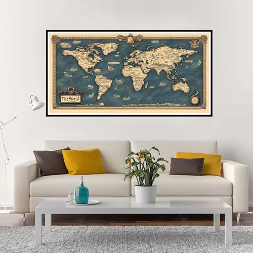Måla efter siffror världskarta stor måla efter siffror för vuxna retro XXL ramlös 30 x 60 cm, vuxen måla efter siffror kit med akrylpigment, måla efter siffror konsthantverk hobbyer kvinnor
