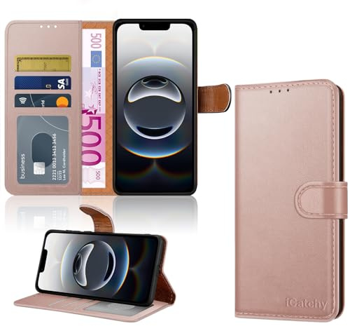 iCatchy for iPhone 16e / iPhone 17e Wallet Case, Premium Leather Magnetic Flip Cover with RFID Blocking Card Holder, Kickstand Shockproof Protection for 6.1 Inch (Rose Gold)