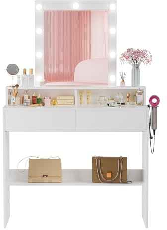 Devoko Schminktisch mit Beleuchtung Spiegel, 3 Farben, Einstellbare Helligkeit, Frisiertisch mit 2 Schubladen, 3 offene FÄcher, Haartrocknerhalter, Kosmetiktisch, Modern Frisierkommode, Weiß