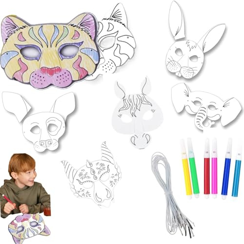 Envenzo DIY Paint Your Own Face Mask Set for Children, 6 Animal Masks with 6 Colour Markers and Elastic Bands, Fun Craft Activity for Birthday Parties, Dress Up and Creative Play