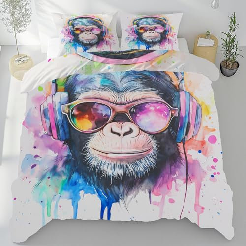 Meugesoi Karikatur AFFE Bettbezug 135x200 cm mit 2 Kissenbezüge 80x80 cm, Aquarell Bettwäsche 3-Teilig mit Reißverschluss Bügelfrei, Bettwäsche Set Mikrofaser Weich