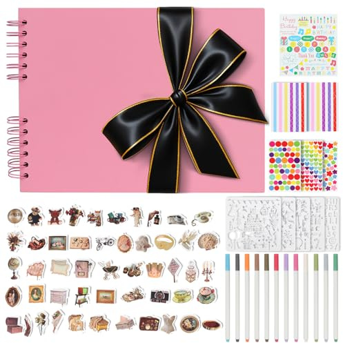DazSpirit Album Photo Scrapbooking avec Ruban Noir Bordé d'Or, 80 Pages Noires, Livre Photo avec 12 Marqueurs Métalliques, 11 Planchettes de Stickers, Livre d'or pour Mariage & Anniversaire, Rose