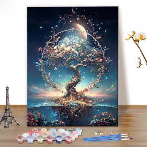 MEIYUDA Pintar por Numeros Adultos Árbol de la vida, DIY Pintura por Numeros Kit Manualidades Adultos, Pigmento Acrílico, Decoración para el Hogar Regalo de pared 40x50cm(sin marco)