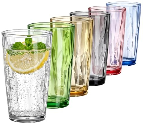 Vattenglas av plast, 500 ml färgglada dricksglas set 6 stycken plastmuggar återanvändbara okrossbara plastglas för kalla och varma drycker, stapelbara vattenglas för picknick camping fest