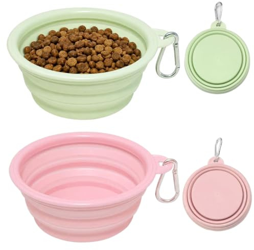 MLRUQRX 2 Ciotola Portatile Per Cani In Silicone Pieghevole 350Ml, Con Moschettone Per Cibo Acqua (Rosa, Verde)
