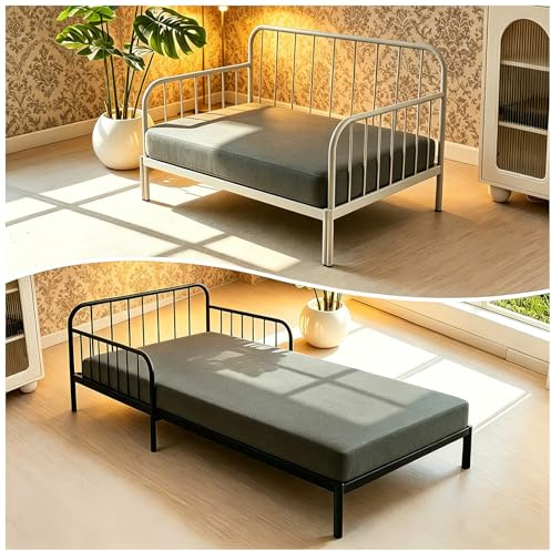 Bäddsoffa med Dubbelfunktion, Dagbäddsoffa med Metallram, Loveseat FåtöLj med Sovplats, VardagsrumsmöBelset Inkluderar Madrass,Black,152cm