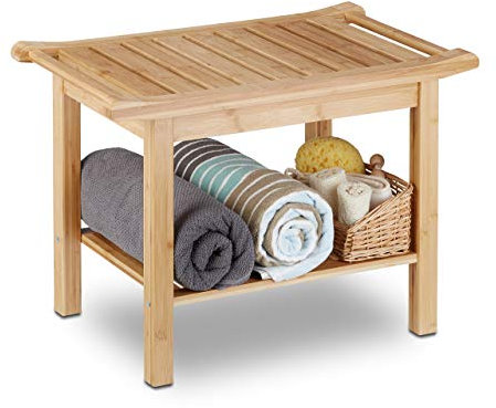 Relaxdays Badezimmer Bank Bambus, Sitzbank Bad, Ablage Badhocker Holz, HxBxT: 45 x 66 x 40 cm, Badezimmermöbel, natur