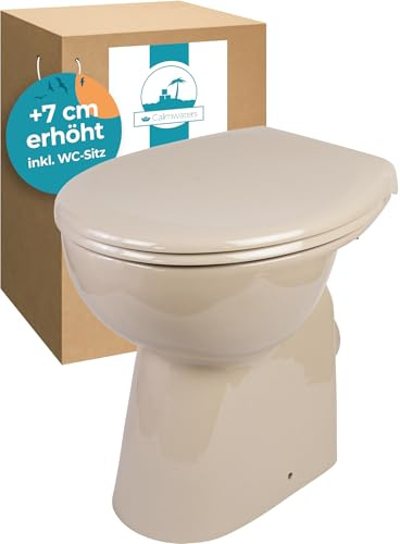 Calmwaters® Stand WC spülrandlos Komplettset Elements Wellness mit Toilettendeckel, erhöhtes WC + 7 cm, abnehmbarer WC Sitz Absenkautomatik, Schnellbefestigung, Tiefspüler, Beige, 07AB5426