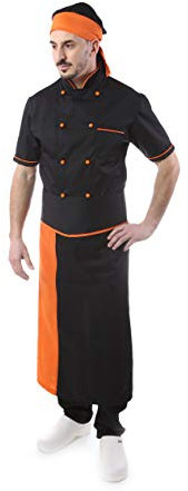 Textil Astrorino Stickerei gratis – Set mit Koch- und Kochgeschirr schwarz – Profile orange – Herren – Kurzärmlige Jacke, Hose, Davantino und Bandana – Anzug für Küche und Restaurant – Made in Italy