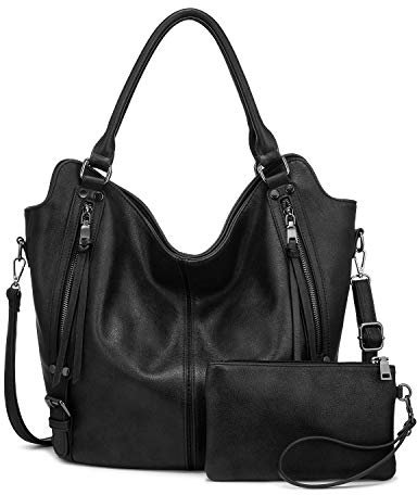 Realer Damen Handtaschen Groß Shopper Lederhandtasche Schultertasche Umhängetasche Geldbörse Hobo Damen Taschen Set für Büro Schule Einkauf Reise 2pcs Schwarz