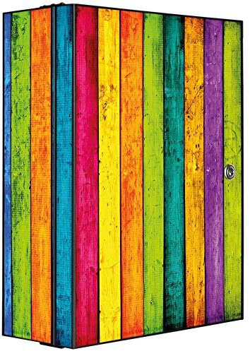 banjado Medizinschrank abschliessbar mit Motiv Bunte Holzlatten 35x46x15cm - großer Arzneischrank für die Hausapotheke - Medikamentenschrank aus Metall zur Medikamenten Aufbewahrung