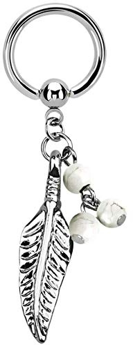 Modern Nature Piercing-Schmuck Intimate Piercing Ring Bcr 316l Steel in 1,6 x 8, 10, 12 mm with Feather Pendant - White