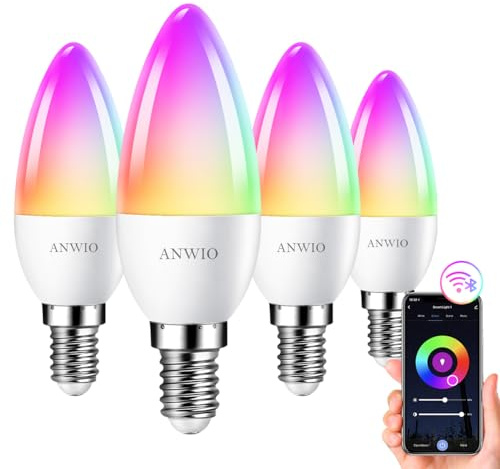 ANWIO Lampadina Alexa, Lampadina Smart,5W Equivalenti a 40W,470Lm,C37, Lampada Smart Wifi E14 con Telecomando Compatibile con Alexa, Echo and Google Assistant, RGB Intelligente Dimmerabile,4 Pcs