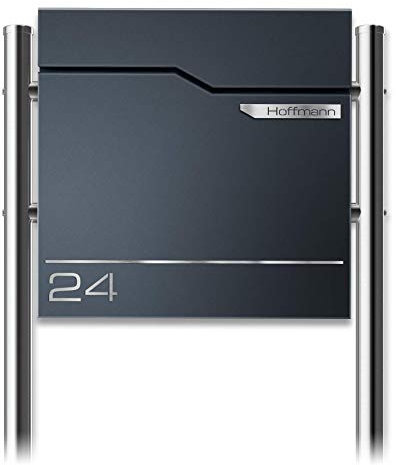 Metzler Briefkasten mit Pfosten Hoffmann - Anthrazit RAL 7016 - Standbriefkasten mit V2A Edelstahl-Namensschild - Postkasten inkl. Zeitungsfach und Briefkastenständer - Größe: 37 x 37 x 10,5 cm