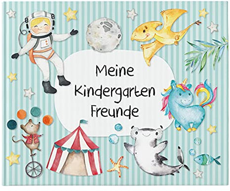 Papierdrachen Libro de amigos de alta calidad para niños – Kindergarten Amigos – Turquesa – Álbum de poesía con astronauta, circo y dinosaurio – para 27 amigos – Diseño colorido adecuado para niños
