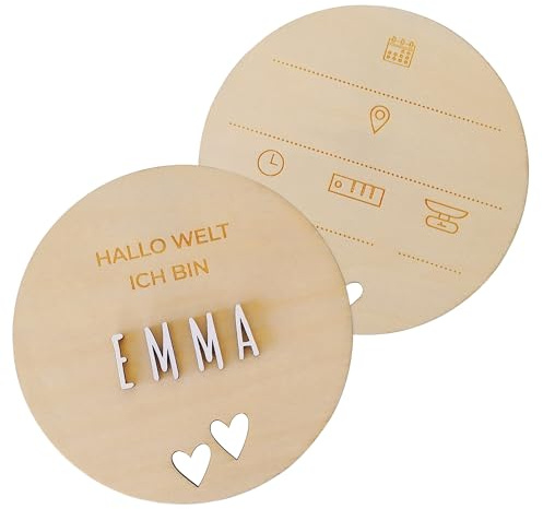 nagu® Personalisierte Babypresent Geburt. Holzplatte 12 cm mit Sternen oder Herzen, „Hello World“ und Name. Personalisierte Babykegeschenk-Set Mädchen oder Junge mit Klebebuchstaben