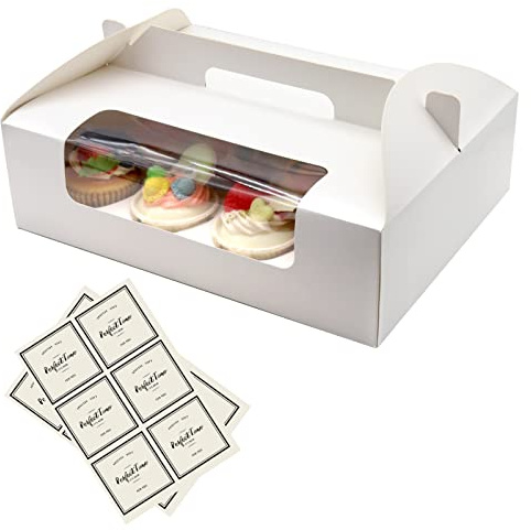 PHULWEL Cupcake-Boxen, Bäckereiboxen mit Einsätzen, Griff und Fenster aus PVC, geeignet für 12 Cupcake-Mulden, 2 Bögen mit selbstklebenden Etiketten