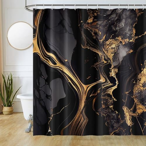 Uiiooazy Duschvorhang Schwarz Gold, Duschvorhang 180x180cm Anti Schimmel Marmor Optik Abstrakt Marmoriert Duschvorhänge Stoff Waschbar Wasserdicht Polyester Bad Vorhang mit 12 Haken für Badezimmer