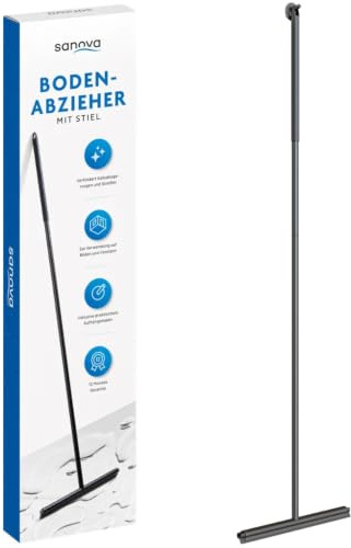 Sanova Bodenabzieher mit Stiel 136 cm – Wasserschieber Boden Schwarz – Duschabzieher Langer Stiel aus Edelstahl Aluminium & Silikon – Mit Wandhalter