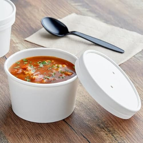 HOT BARGAINS White Kraft Disposable Soup Containers with Lids, Paper Food Containers for Hot and Cold Items, Round Shape, 8oz/230ml, Pack of 50