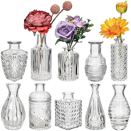 Deko Glas Kleine Vasen Set, 10 Stück Tischdeko Hochzeit Vase, Mini Tisch Deko Vintage Vase Glas, Konfirmation Kleine Vasen für Tischdeko,Vintage Flaschen,Blumenvase Deko Geburtstag,Wedding Decoration