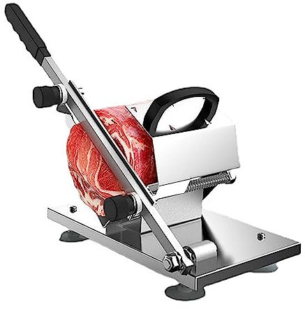 HUHJYUGE Frozen Meat Slicer Machine Stainless Steel, Meat Cutter Beef Mutton Roll Adjustable Thickness, Manual Deli Meat Slicer V-Shaped Support Frame, for Home Cooking of Hot Pot
