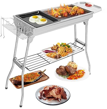 Outopee Large Stainless Steel BBQ Charcoal Grill, 39 x 12x 28 Portable & Foldable Barbecue Grill, Outdoor Patio Garden Heating Smoker for Cooking Camping Hiking Picnic Garden Beach Party