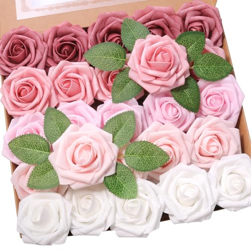 Jdsour 25pcs Artificial Flower，Real Looking Foam Roses w/Stem for DIY Wedding Bouquets Centerpieces Bridal Shower Party Decor-Shades of Dusty Pink
