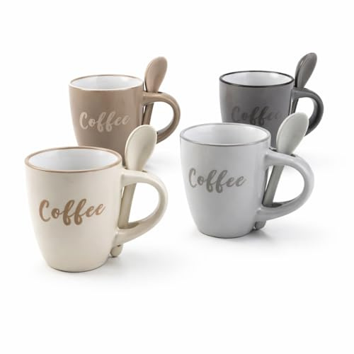 ARCA, Set di 4 Tazze Caffè con Cucchiaino Decoro Coffee, Realizzate in Ceramica, Semplici e Pratiche, Lavabili in Lavastoviglie, Colori Assortiti, Capacità 25 ml, 6,5x5,5 cm