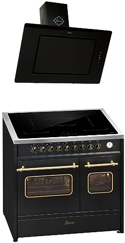 GURARI Induktions-Standherd E 913 DF RU BL+GCH S 155 BL 90 Prime, Retro Elektro Standherd, Range Coocker mit FLEX Induktion+Dunstabzugshaube 90 cm