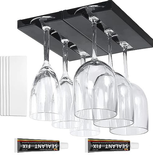 ROLMZJX 2 PCS Wine Glass Rack, Wine Glass Holder under Cabinet, Hanging Wine Glasses Rack, Punch-free Plastic Wine Glass Rack for Kitchen Bar Restaurant (Black)