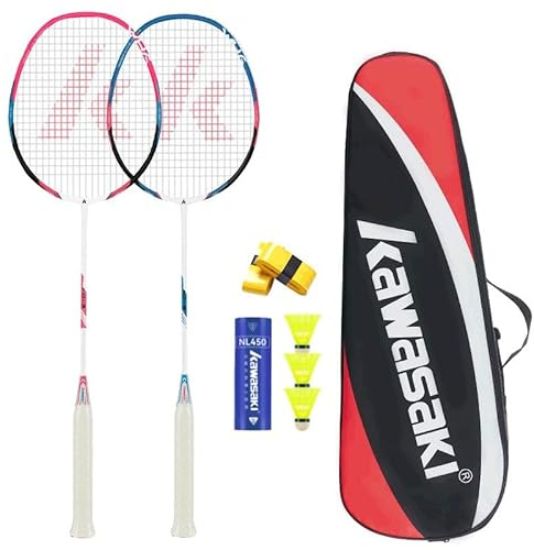 Kawasaki badmintonracket professionell grafitbadmintonuppsättning med 2 lätta racket för sport, träning och underhållning med 3 badmintonfjäder/2 övergrepp/1 bärväska (KD-3 RÖD BLÅ)